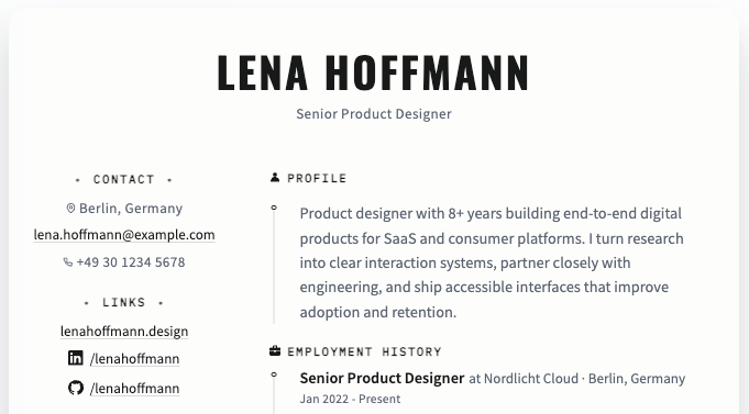 Preview of a resume builder showing a complete profile layout